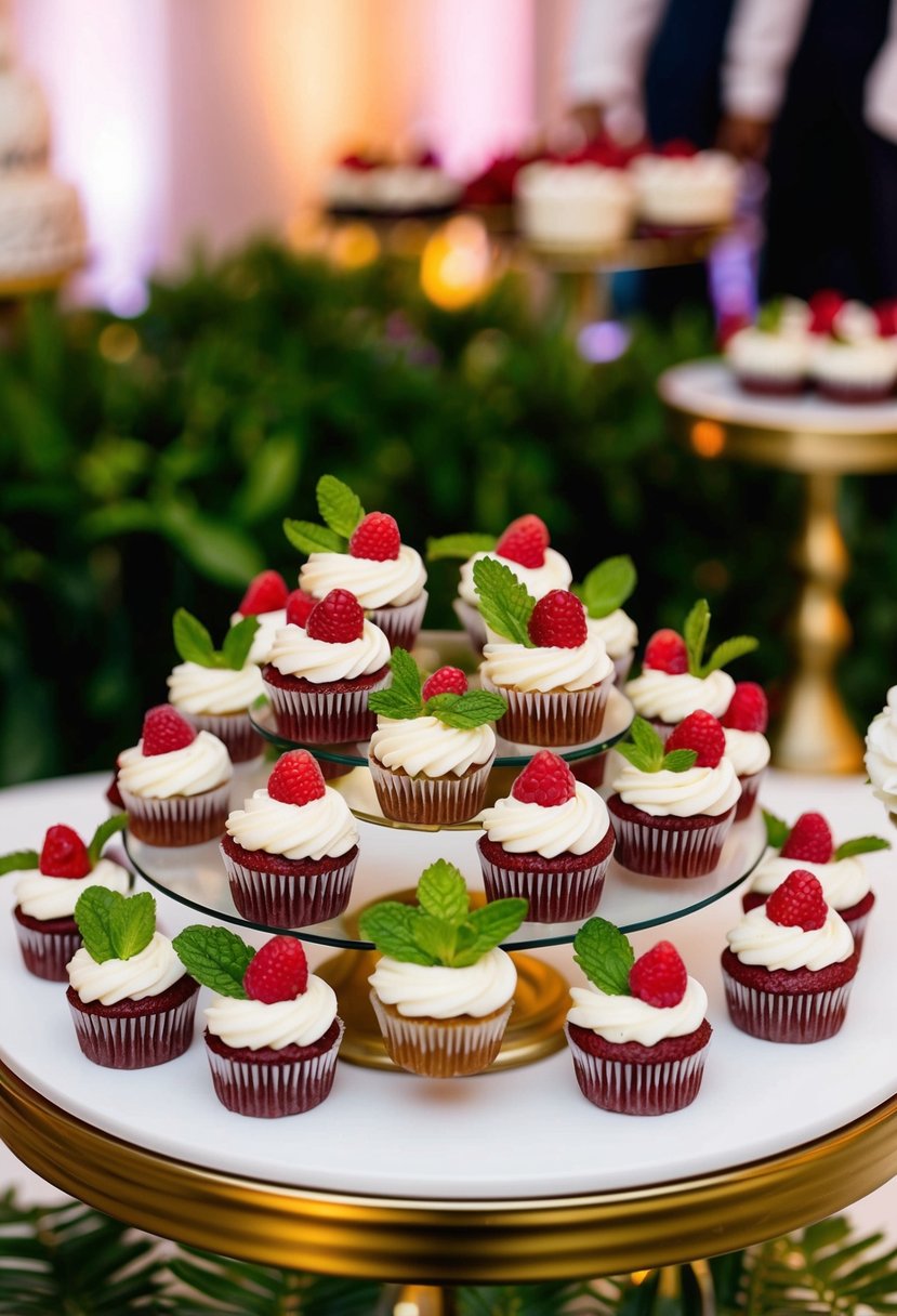 A table set with a display of raspberry mojito cupcakes, adorned with mint leaves and raspberries, in a wedding reception setting