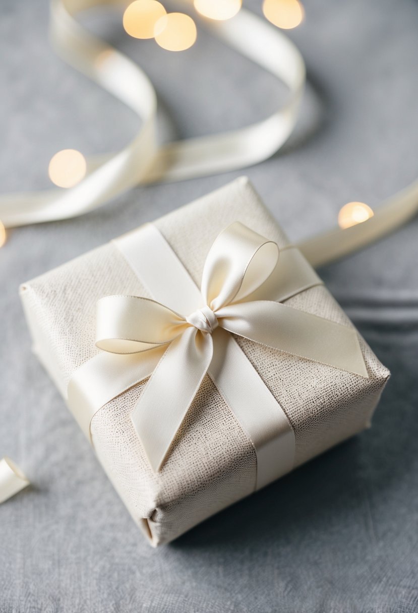 A piece of fabric gift wrap adorned with a ribbon, elegantly wrapped around a wedding gift box