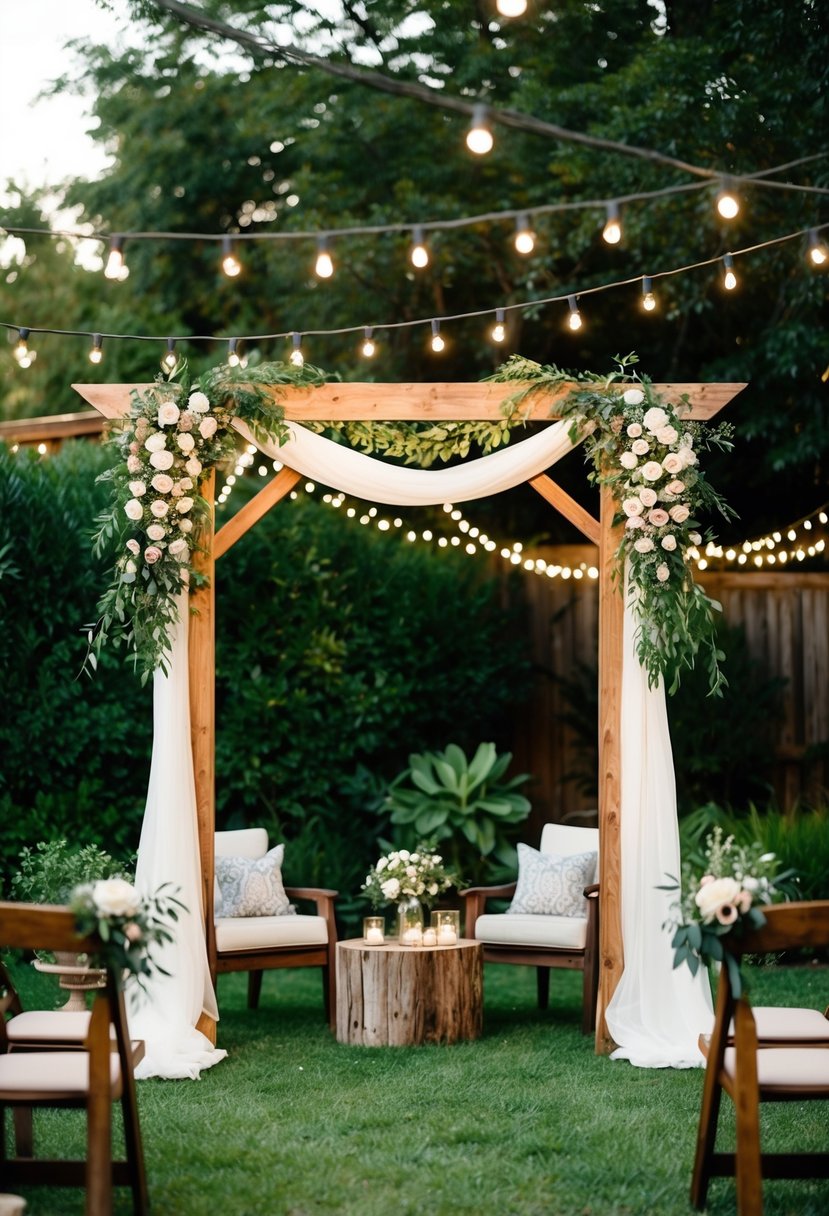 A charming backyard wedding with a rustic wooden arch, draped with flowers and twinkling lights, surrounded by lush greenery and a cozy seating area