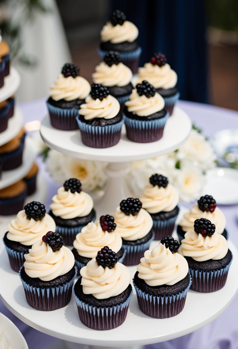 A table adorned with blueberry blackberry cupcakes, topped with cream cheese frosting, arranged in a wedding-themed display