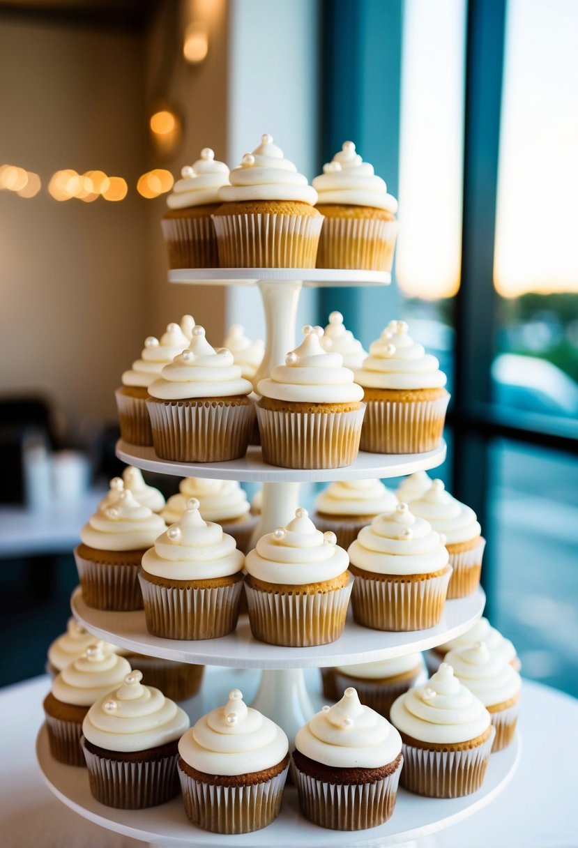 A tiered display of white wedding cake cupcakes with delicate icing swirls and decorative pearls