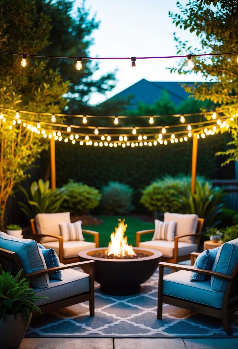 A warm, inviting backyard with string lights, comfortable seating, and a fire pit surrounded by lush greenery