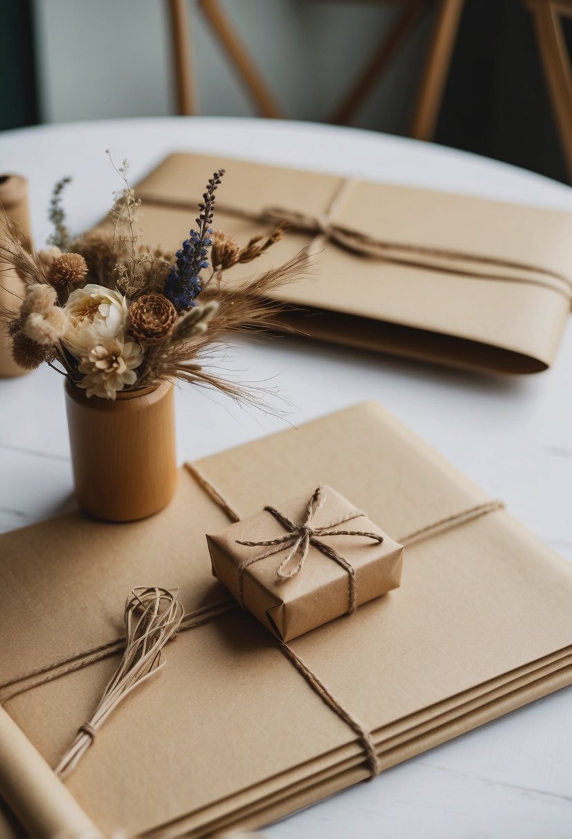 A table with eco-friendly kraft paper, natural twine, and dried flowers for wedding gift wrapping