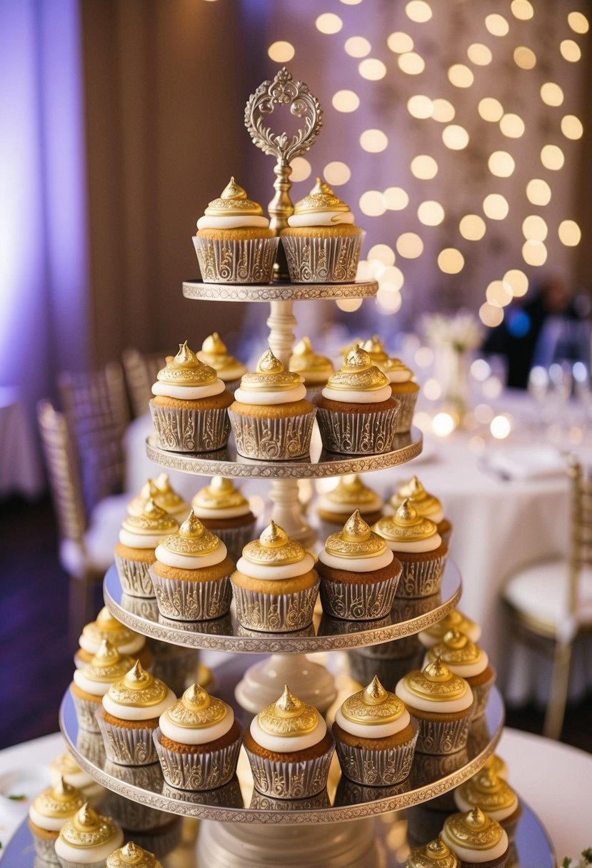 Ornate cupcakes adorned with intricate gold detailing, arranged on a tiered stand at a wedding reception