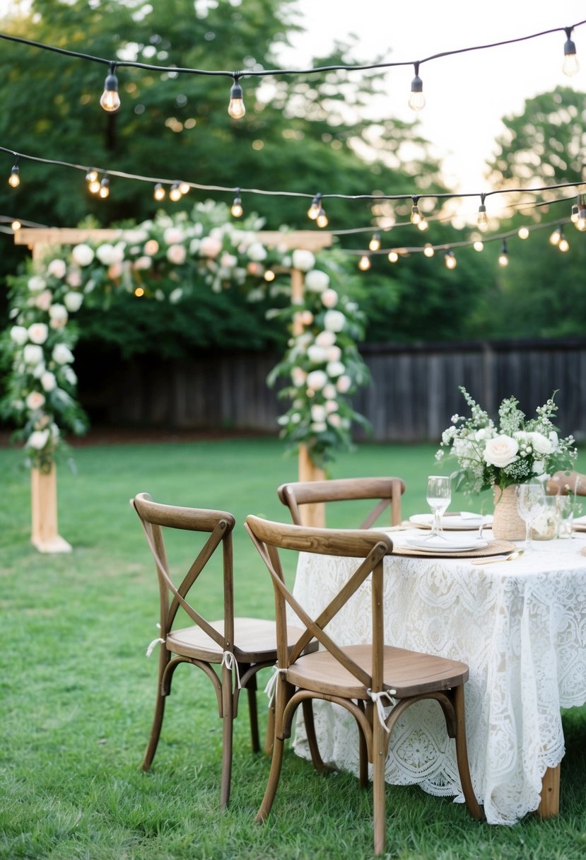 A backyard wedding scene with string lights, floral arch, rustic wooden chairs, and a vintage lace tablecloth