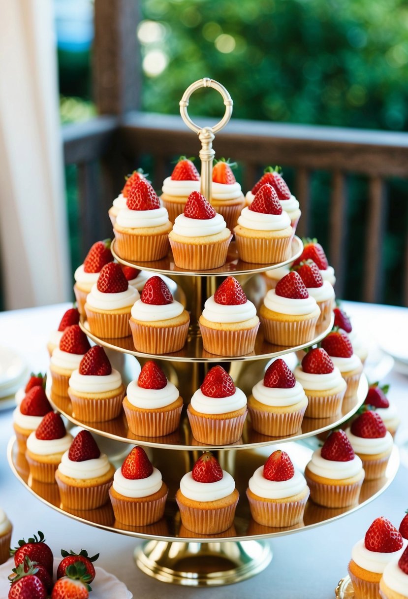 A platter of elegant cupcakes topped with fresh strawberries, arranged on a tiered stand for a wedding dessert table