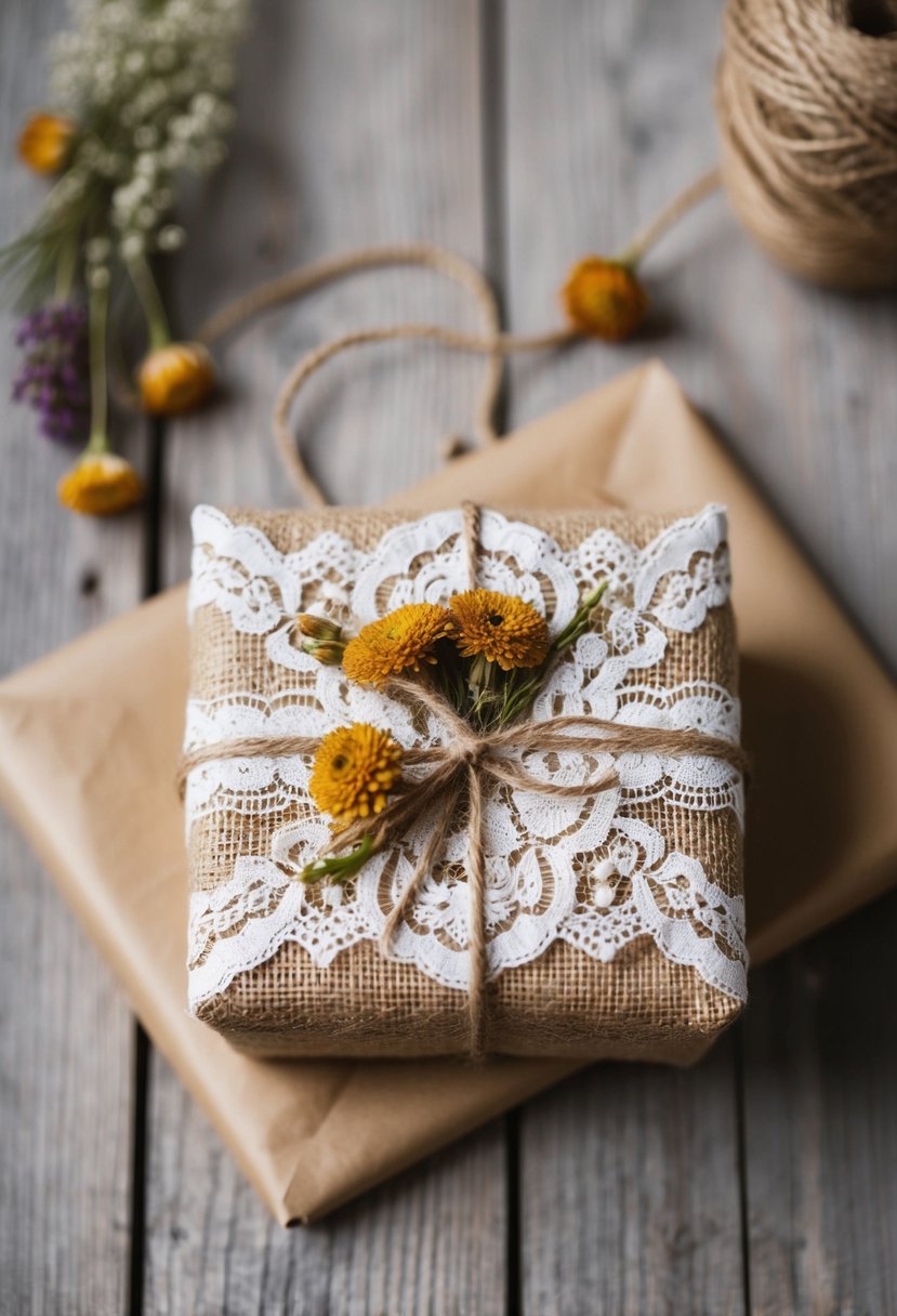 A rustic wedding gift wrapped in lace and burlap with twine and dried flowers