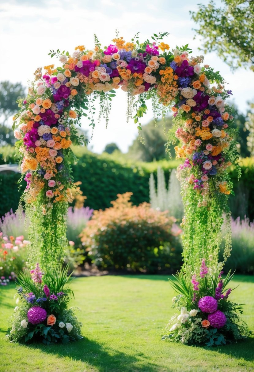 A vibrant flower arch frames a romantic backyard wedding, with colorful blooms cascading down in a lush, natural setting