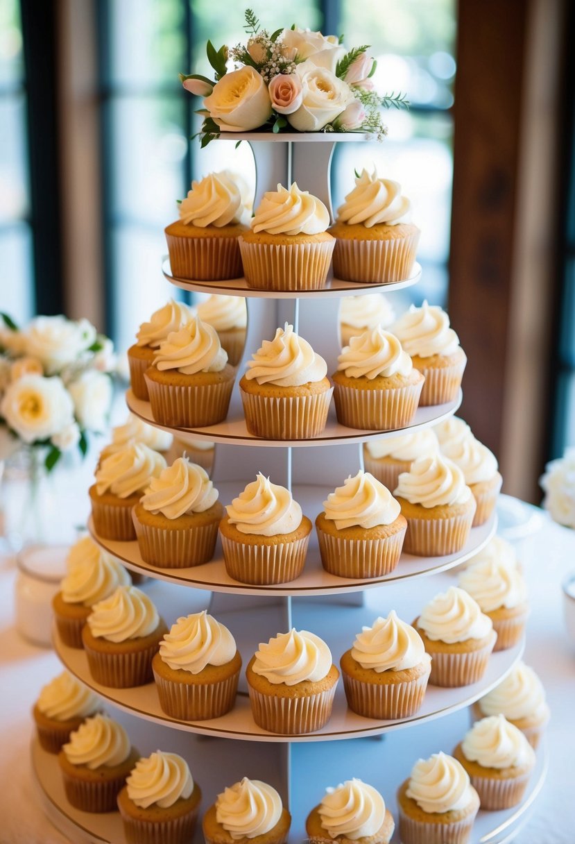 A display of vanilla almond cupcakes with buttercream frosting arranged in a tiered wedding cupcake stand, adorned with delicate floral decorations