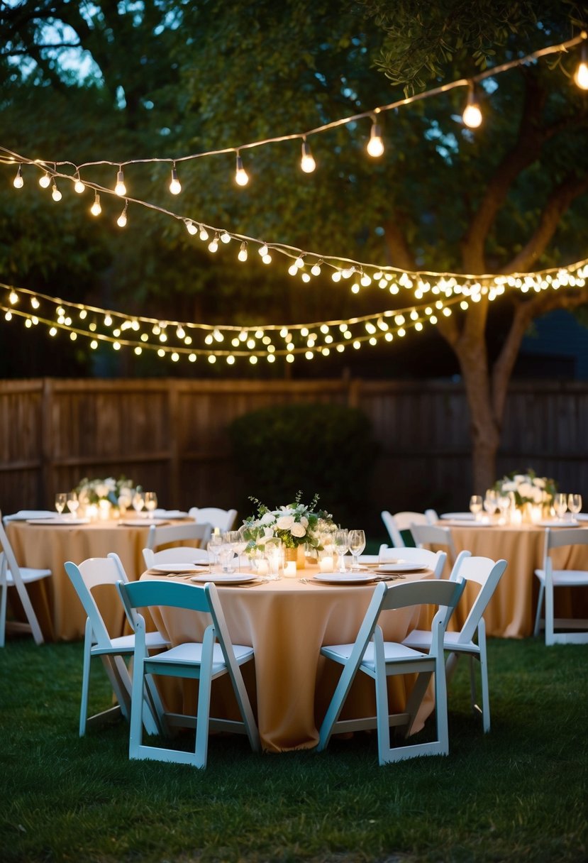 Fairy lights drape across a backyard, casting a warm glow on tables and chairs, creating a magical ambiance for a wedding celebration