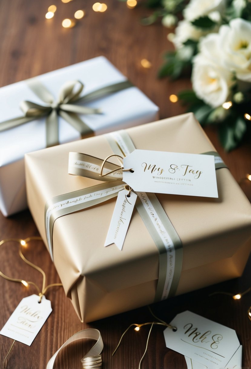 A beautifully wrapped wedding gift with customized gift tags and elegant ribbon