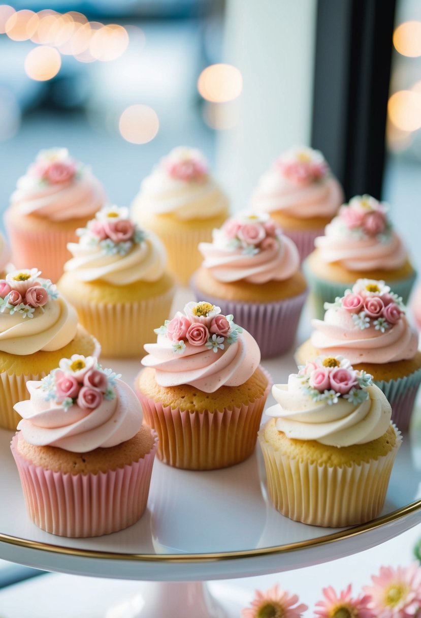 A display of pastel-colored cupcakes topped with intricate floral decorations