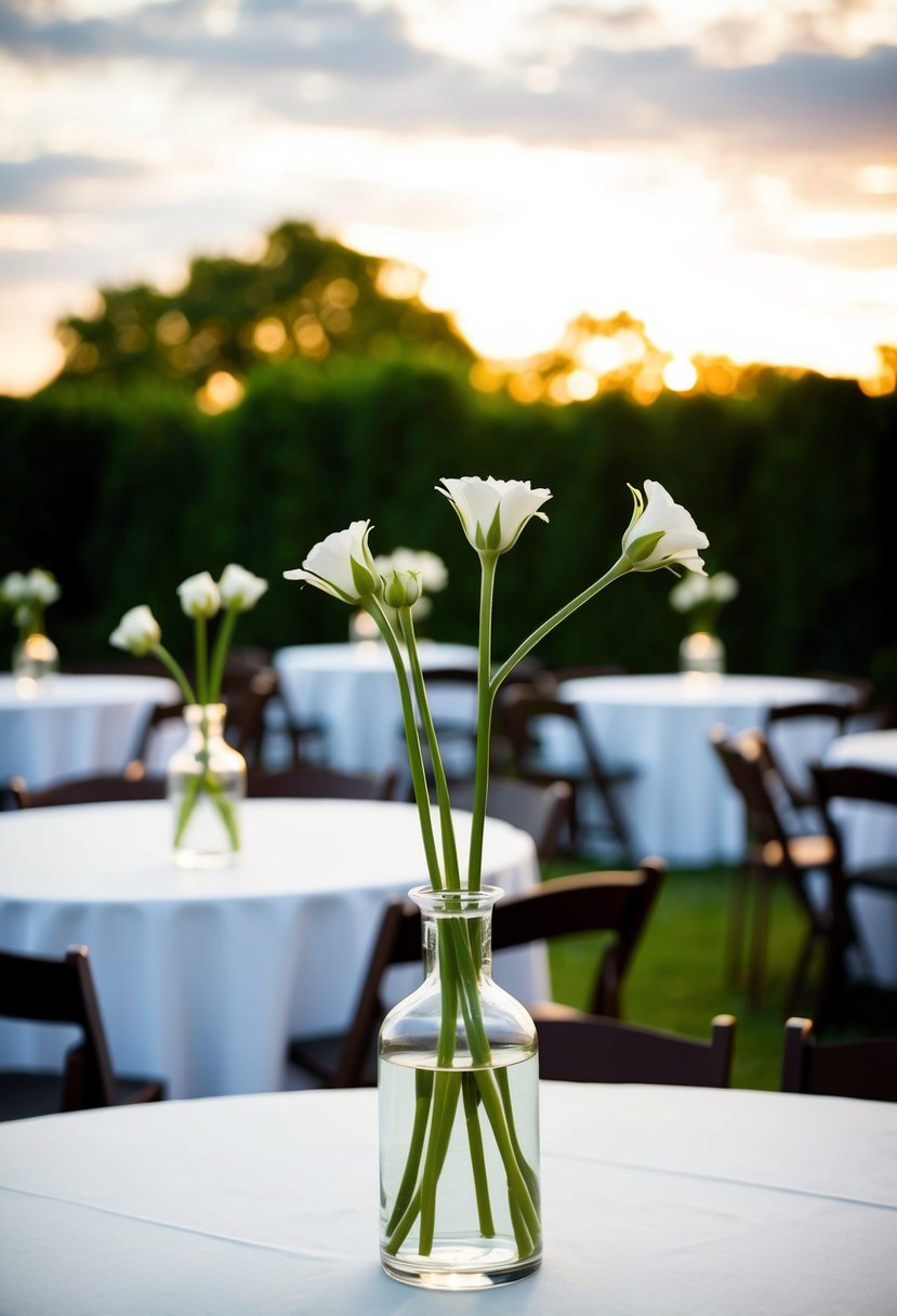 Bud vases with single stems on outdoor reception tables