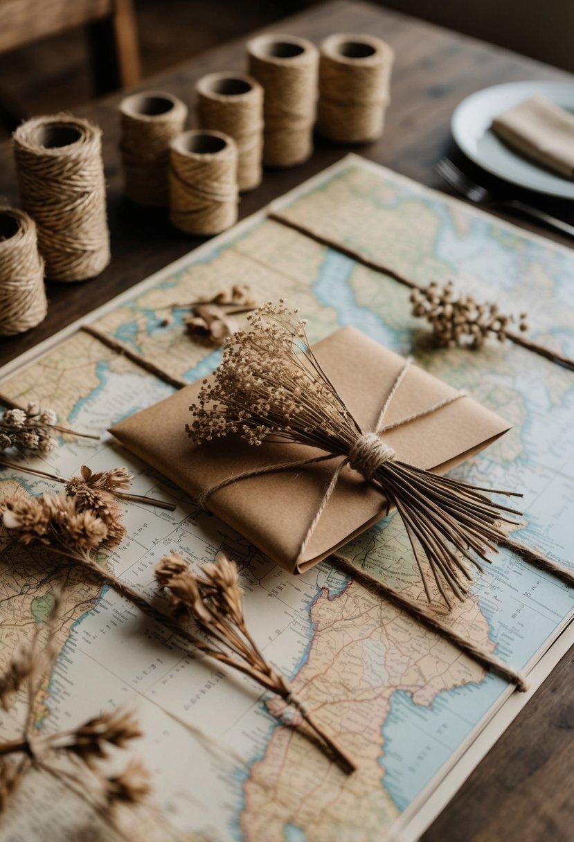 A vintage map spread out on a table with rustic twine and dried flowers, ready to be used for wedding gift wrapping