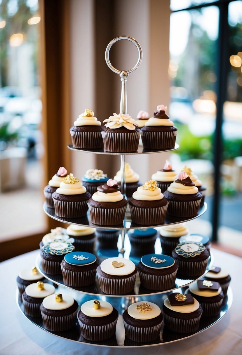 A display of chocolate decal cupcakes arranged on a tiered stand, with intricate wedding-themed designs in various colors and patterns