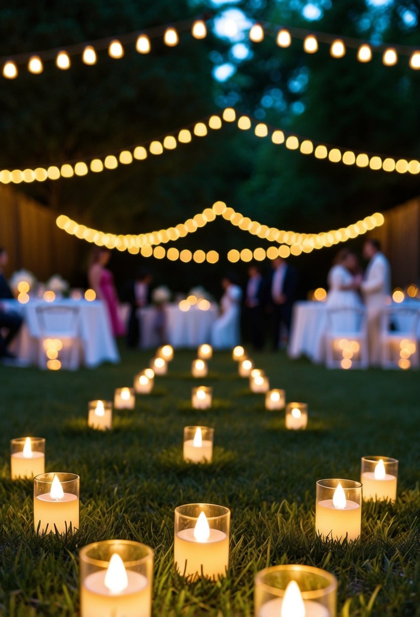 A backyard wedding with battery-powered tea lights illuminating the space, creating a warm and romantic ambiance