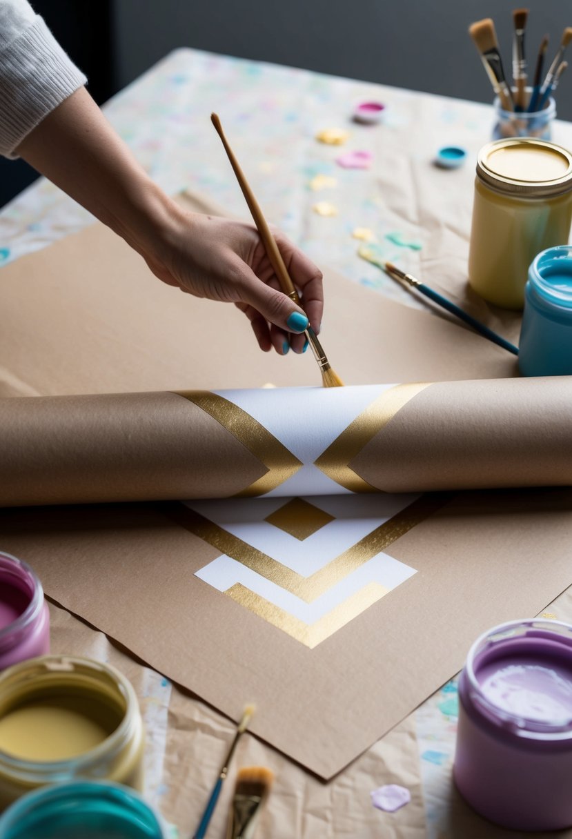 A pair of hands paints a roll of kraft paper with white and gold geometric designs, surrounded by jars of colorful paint and paintbrushes