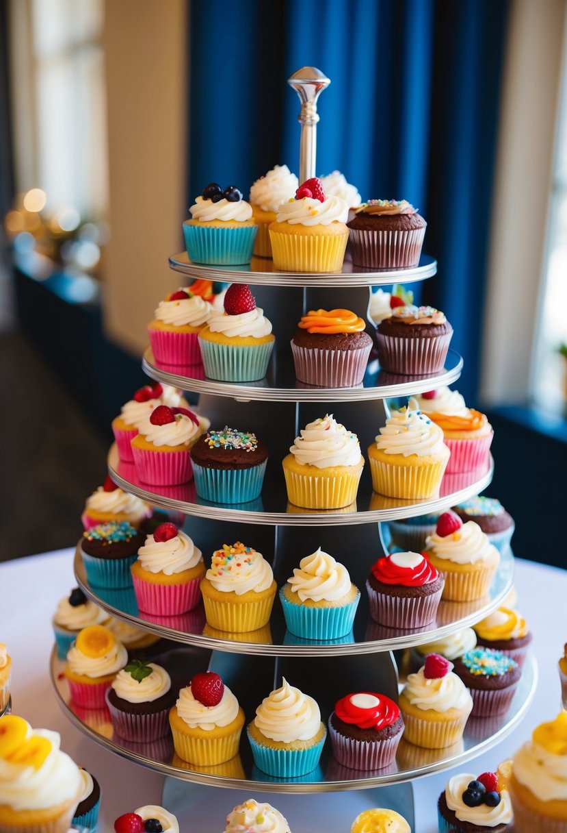 A display of colorful cupcakes with various toppings and designs arranged on a tiered stand, perfect for a wedding celebration