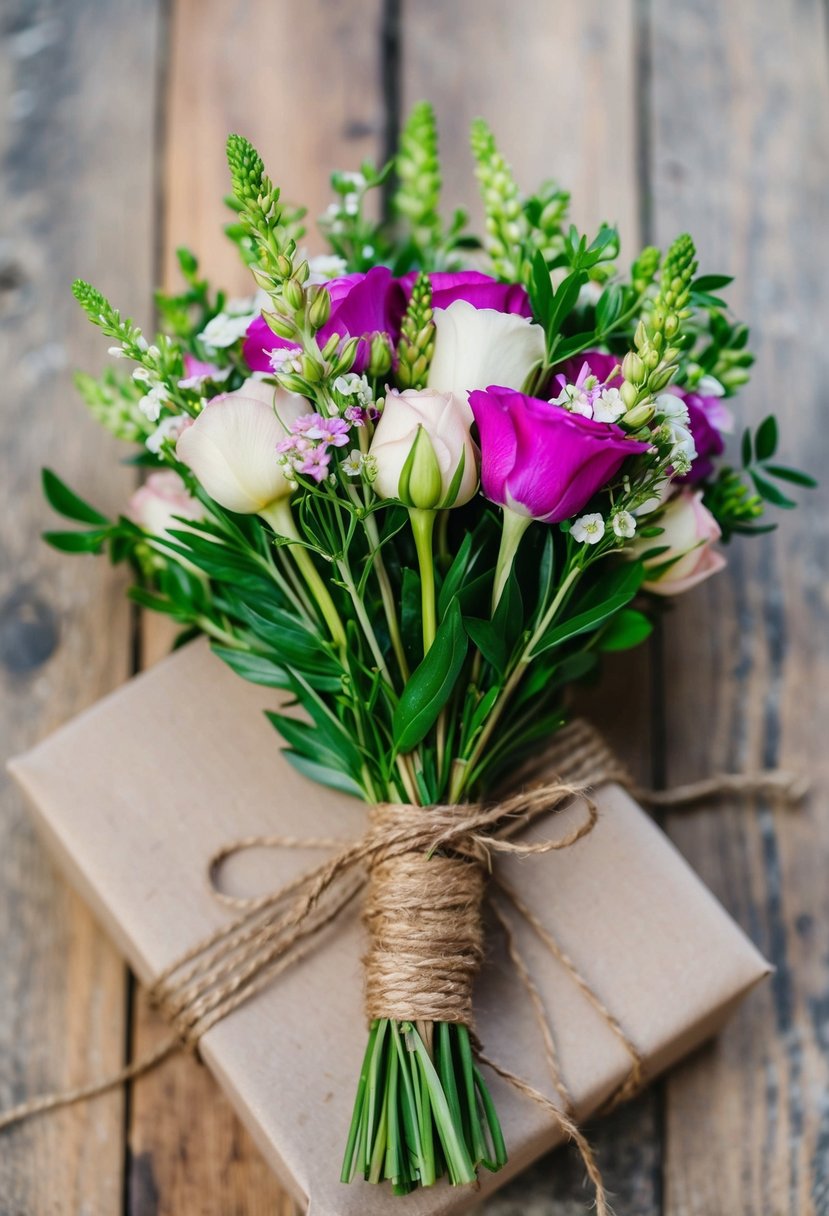 A bouquet of fresh flowers entwined with twine on a rustic wedding gift