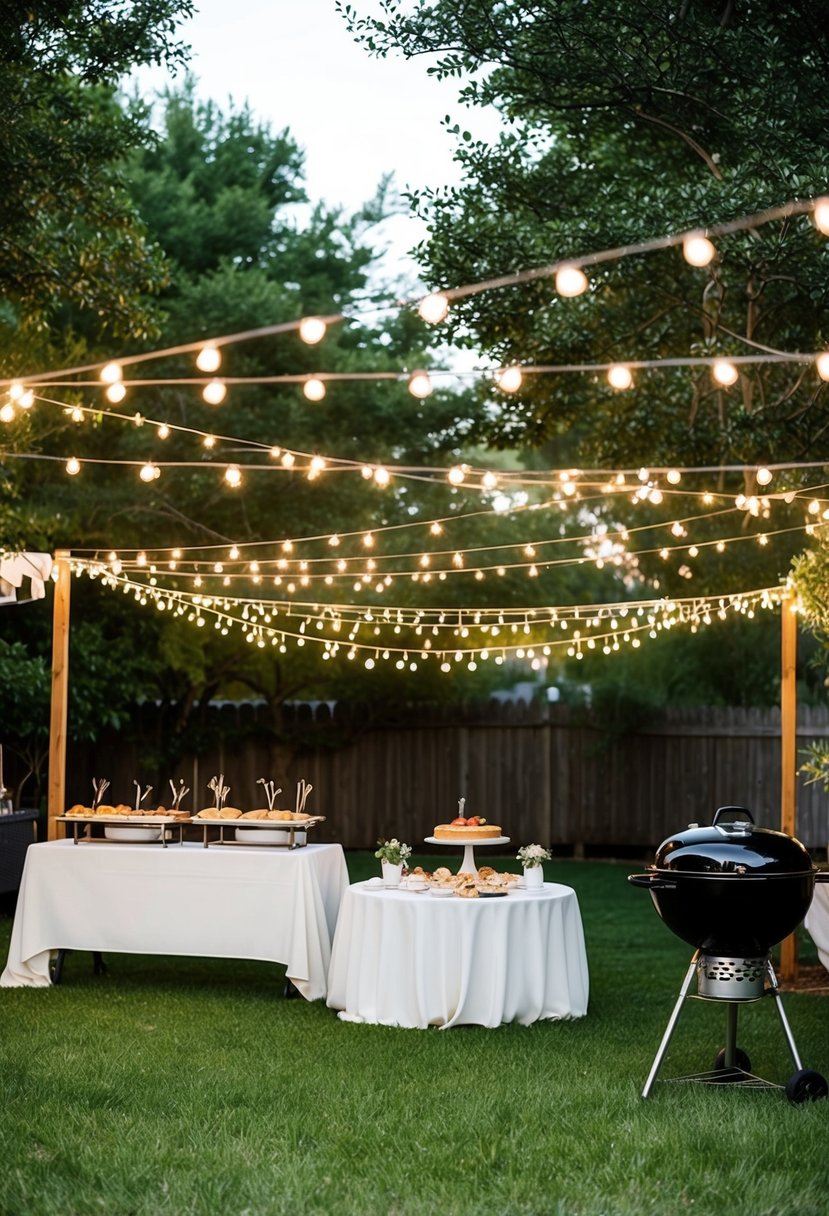 A backyard wedding with a BBQ or potluck meal option, featuring a decorated outdoor dining area with string lights, a buffet table, and a grill station