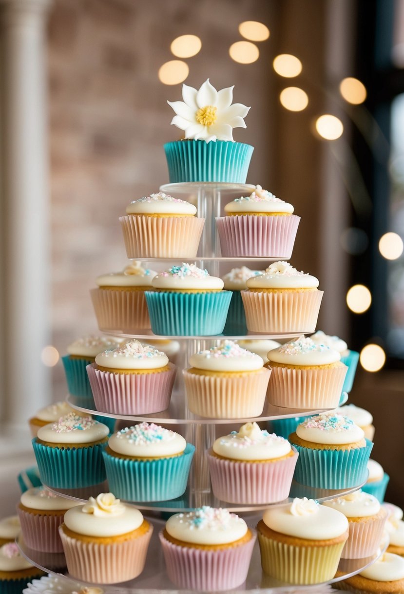 A tiered display of pastel-hued wedding cupcakes, each topped with delicate sprinkles and a single sugar flower