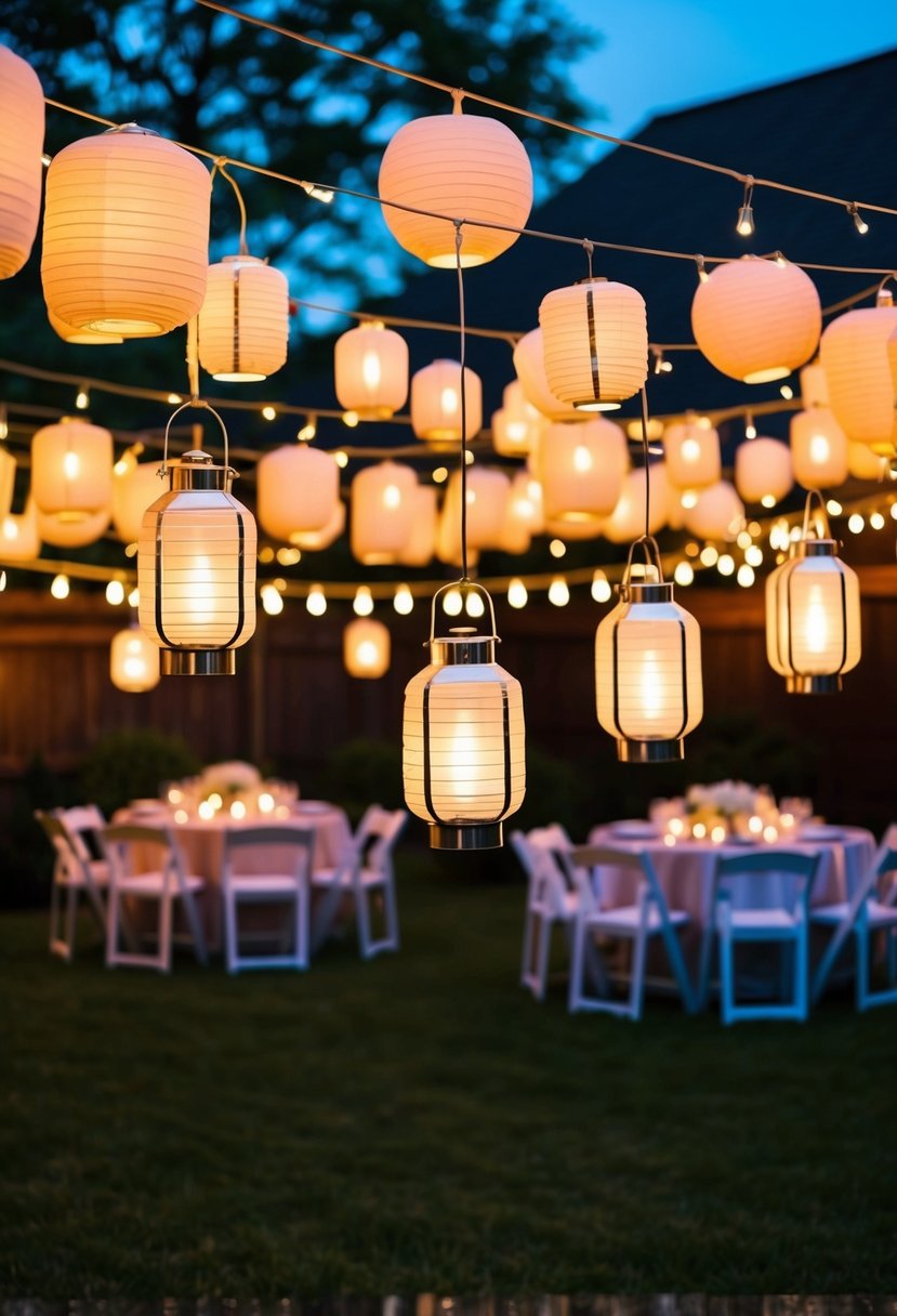 A backyard adorned with hanging lanterns, creating a warm and romantic ambiance for a wedding celebration