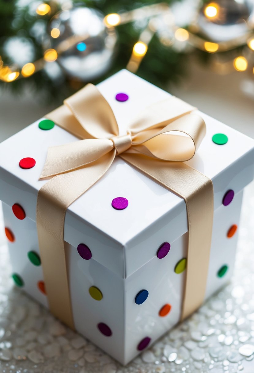 A white gift box adorned with colorful polka dot embellishments and tied with a satin ribbon