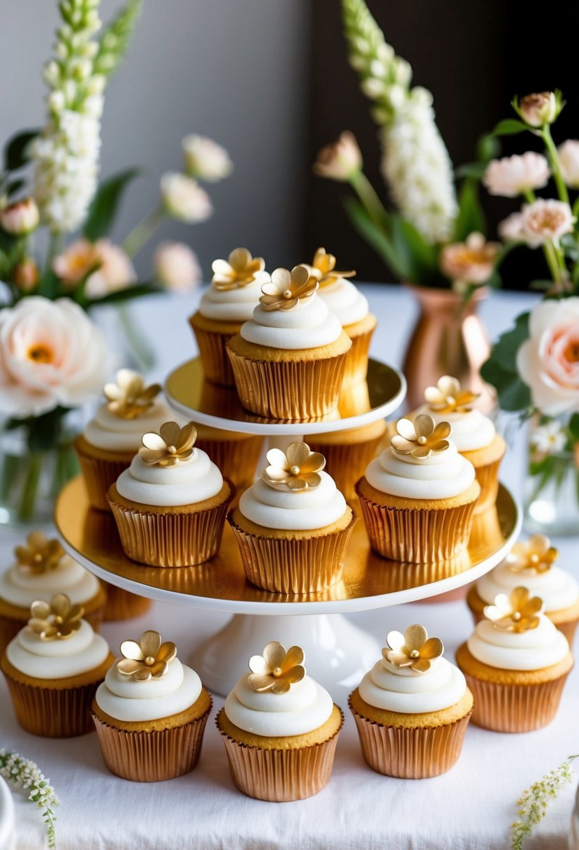 A table adorned with elegant gold-themed cupcakes, surrounded by delicate floral decorations