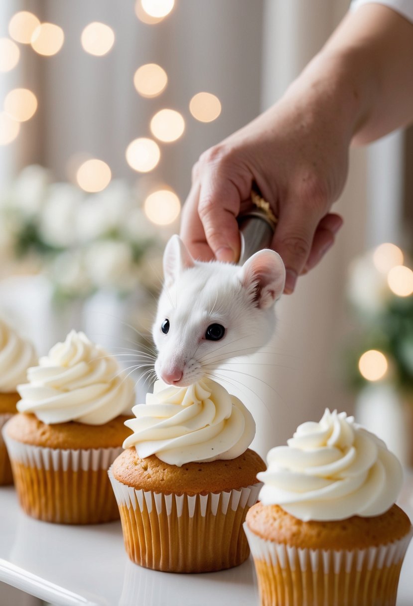 A white ermine delicately icing a row of elegant wedding cupcakes