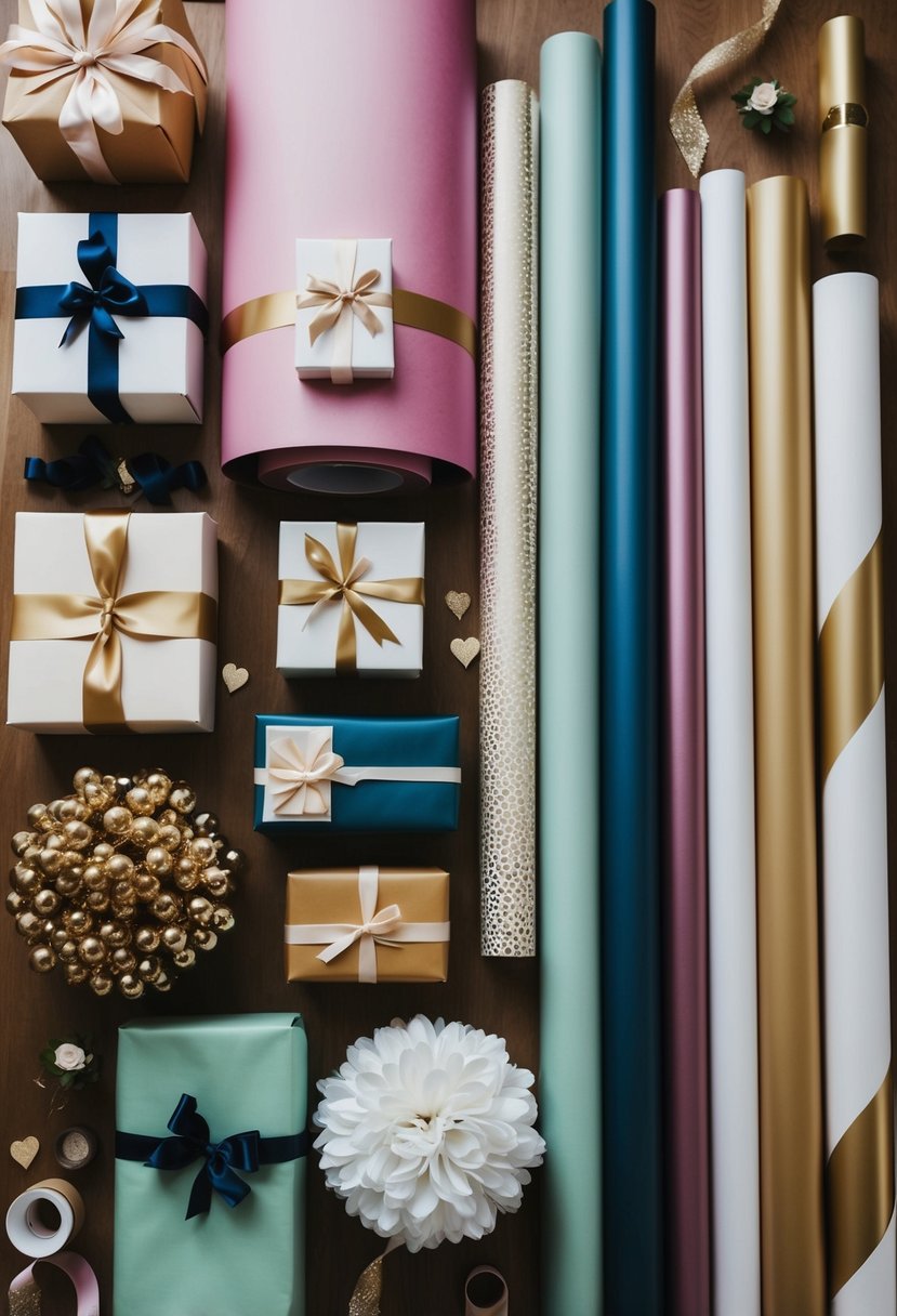 A table with various coordinating wedding colors of wrapping paper, ribbons, and decorative accents laid out for gift wrapping ideas