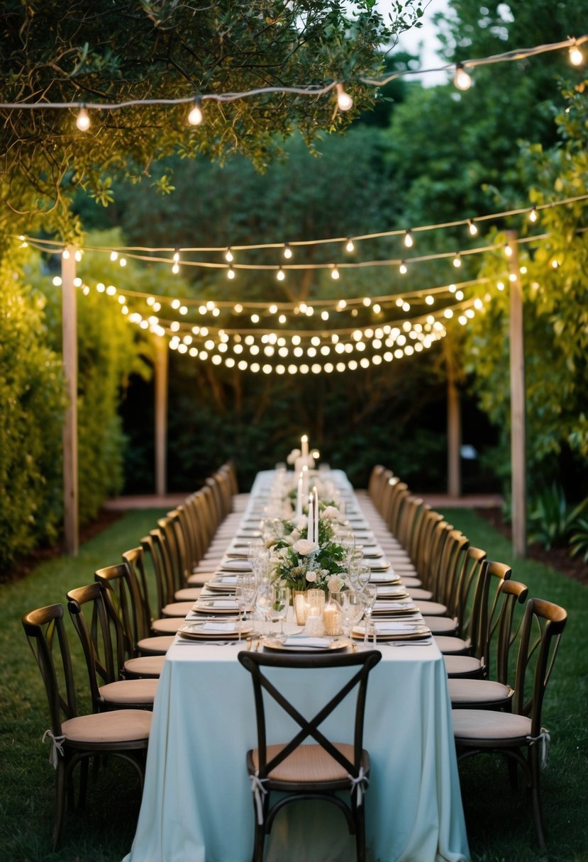 A backyard wedding with intricate table settings, surrounded by lush greenery and twinkling lights