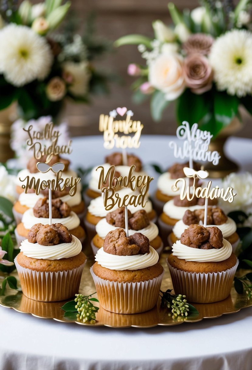 A table filled with Monkey Bread Cupcakes, decorated with wedding-themed toppers and surrounded by elegant floral arrangements