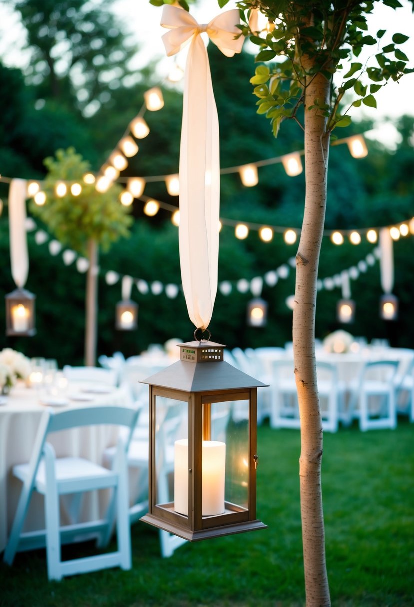 A backyard wedding scene with ribbon and lantern tree decor