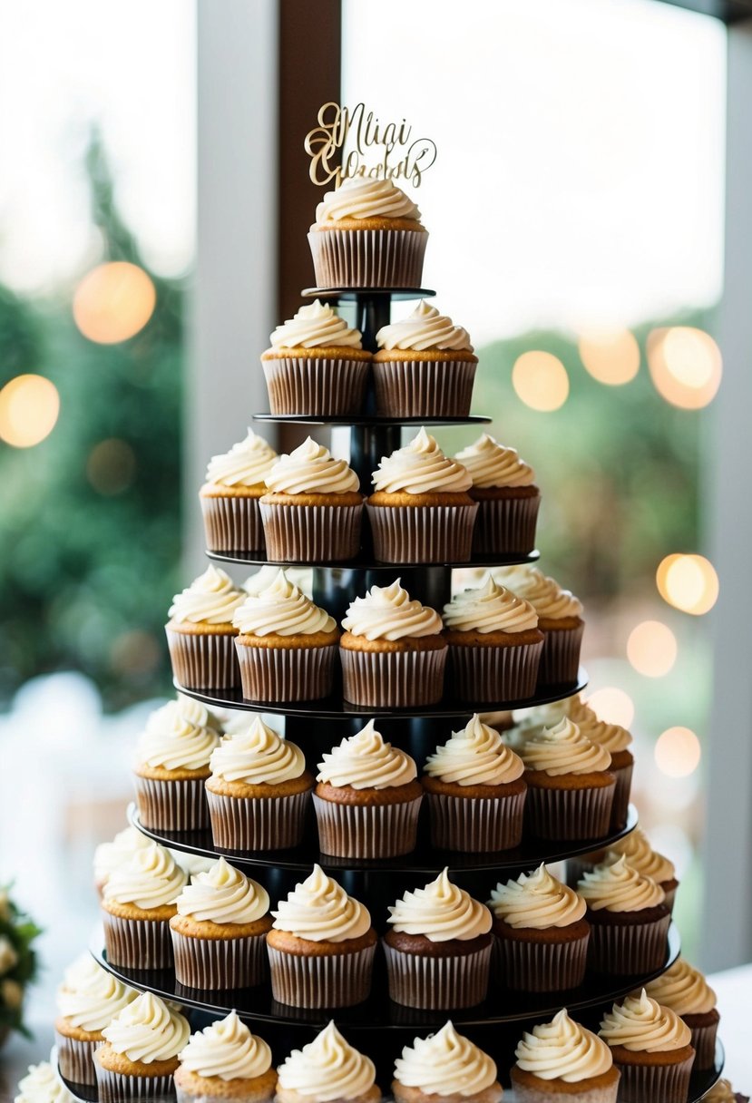 A tall tower of wedding cupcakes with a mini cake topper