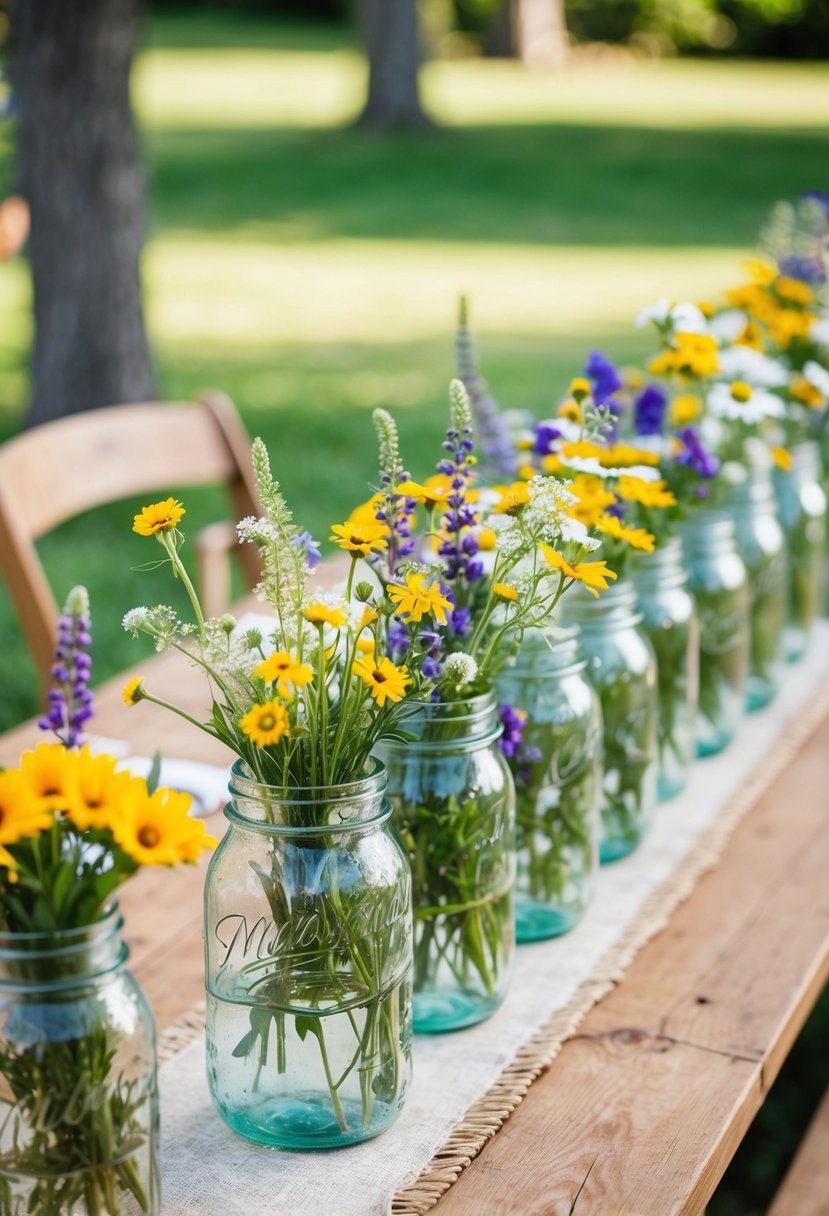 Glass jars filled with wildflowers line a rustic wooden table, creating a charming and whimsical display for a backyard wedding