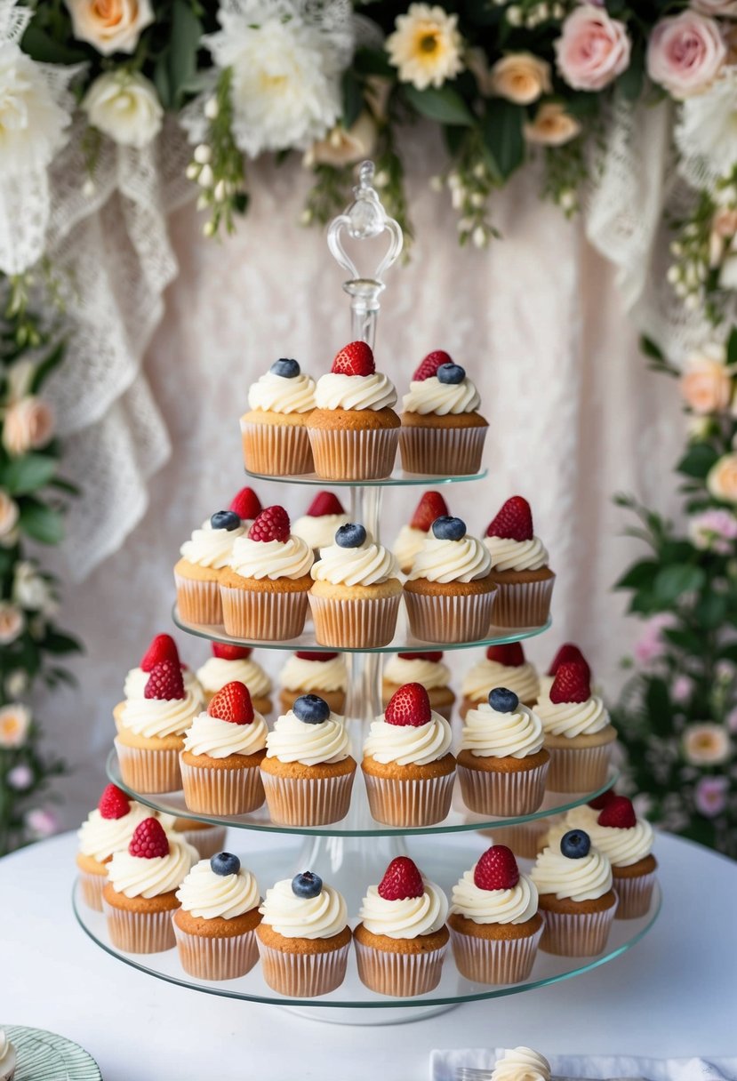 A tiered display of cupcakes topped with fresh berries and swirls of cream, set against a backdrop of delicate lace and floral decorations