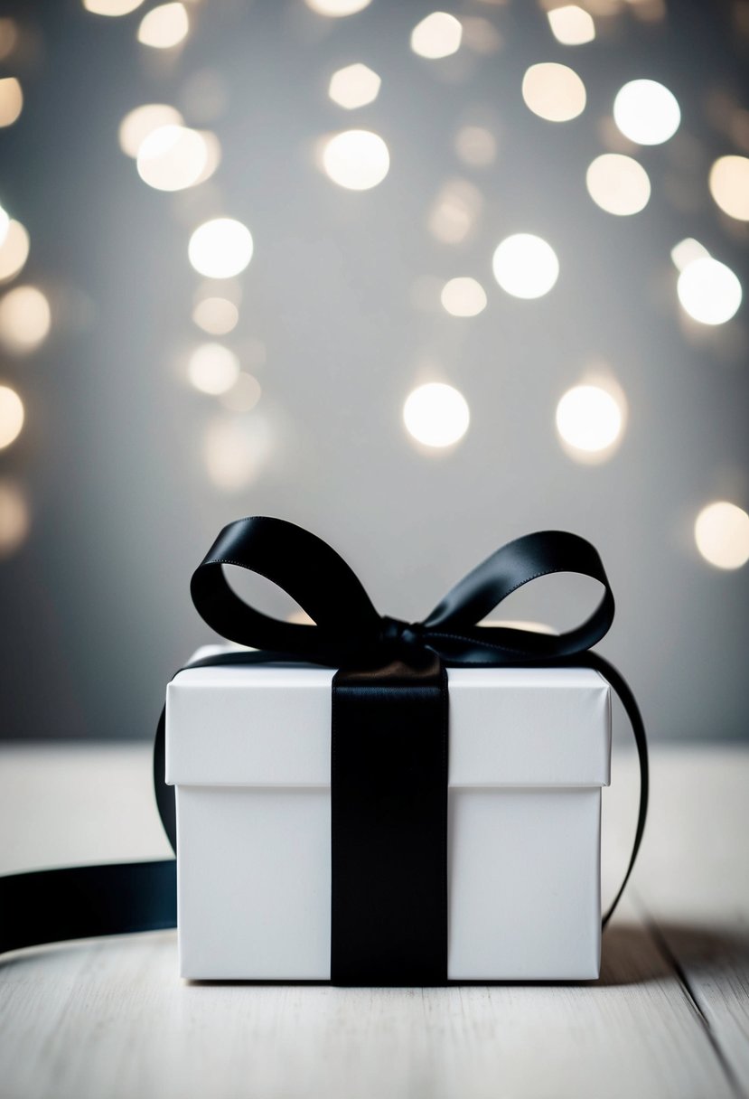 A simple black and white gift box with a sleek ribbon