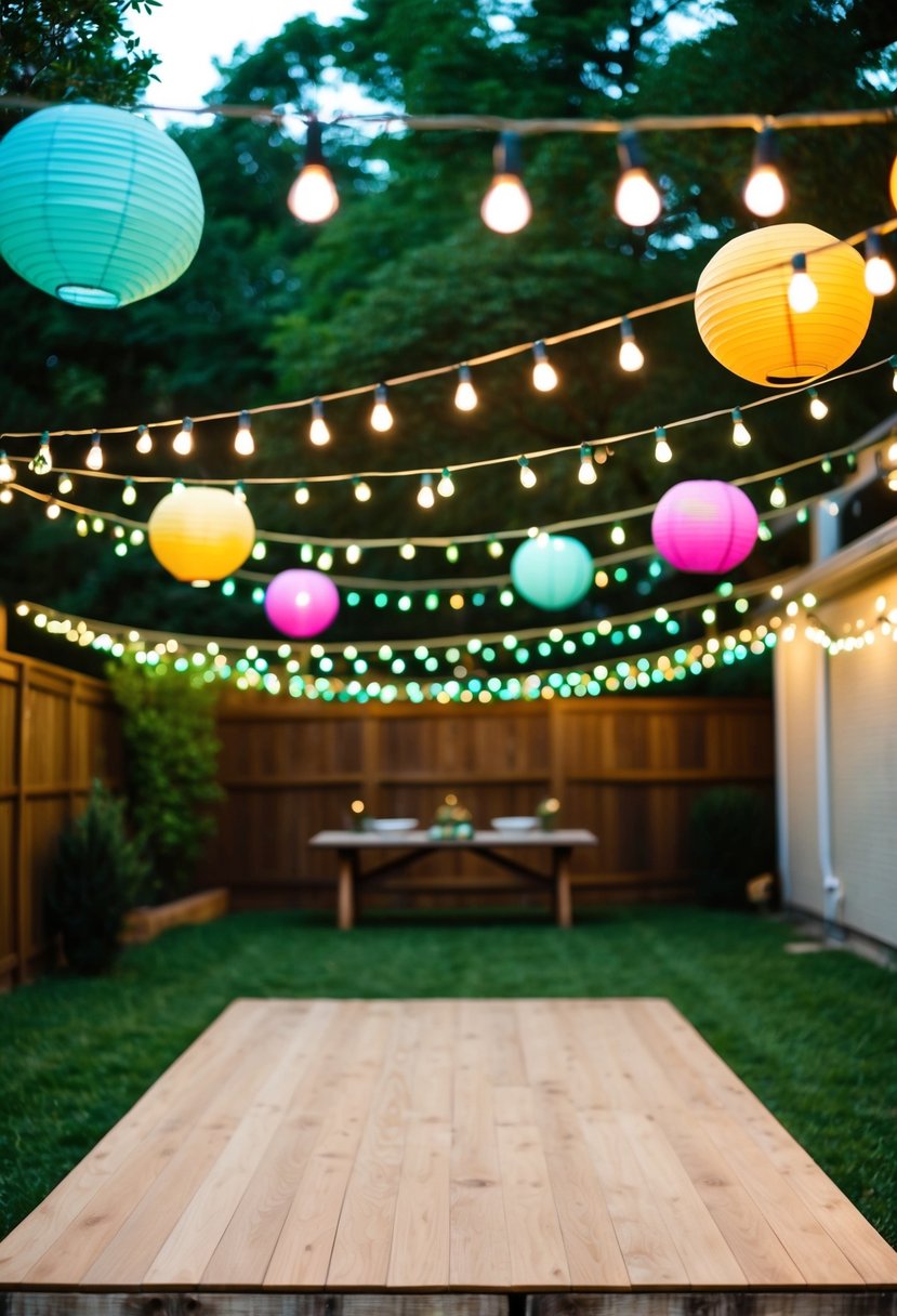 A backyard with string lights, a wooden dance floor, and colorful paper lanterns hanging overhead