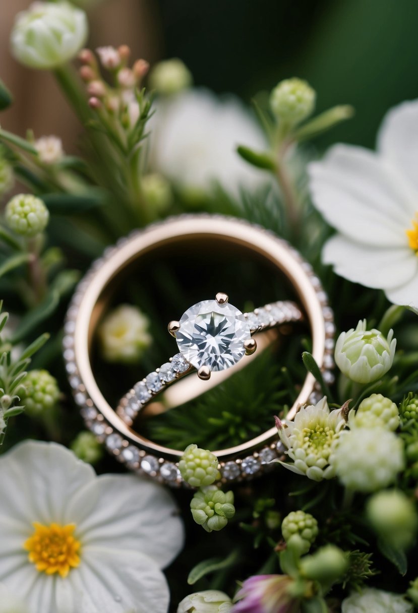 A sparkling diamond wedding band nestled among delicate flowers and greenery