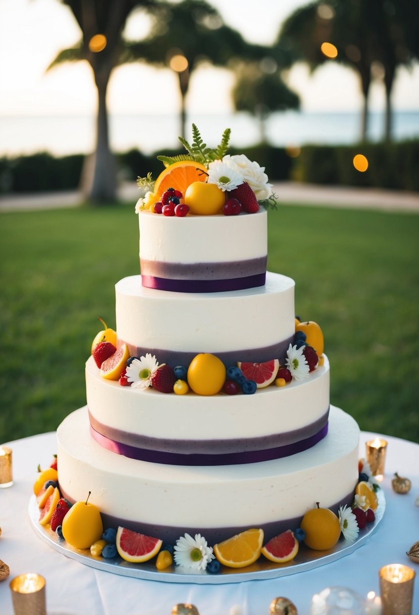 A tiered wedding cake surrounded by colorful fruit and flower decorations