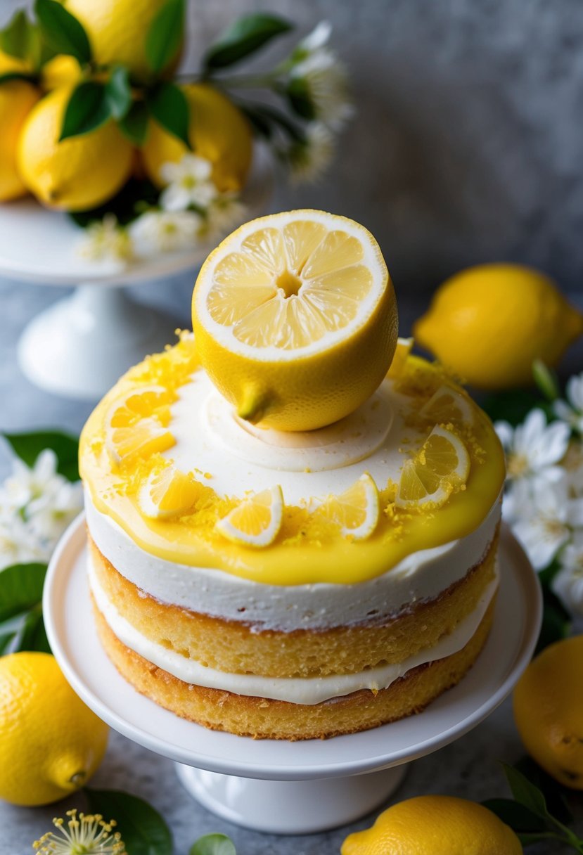 A vibrant yellow lemon sits atop a luscious, zesty lemon curd wedding cake, surrounded by fresh citrus fruits and fragrant lemon blossoms