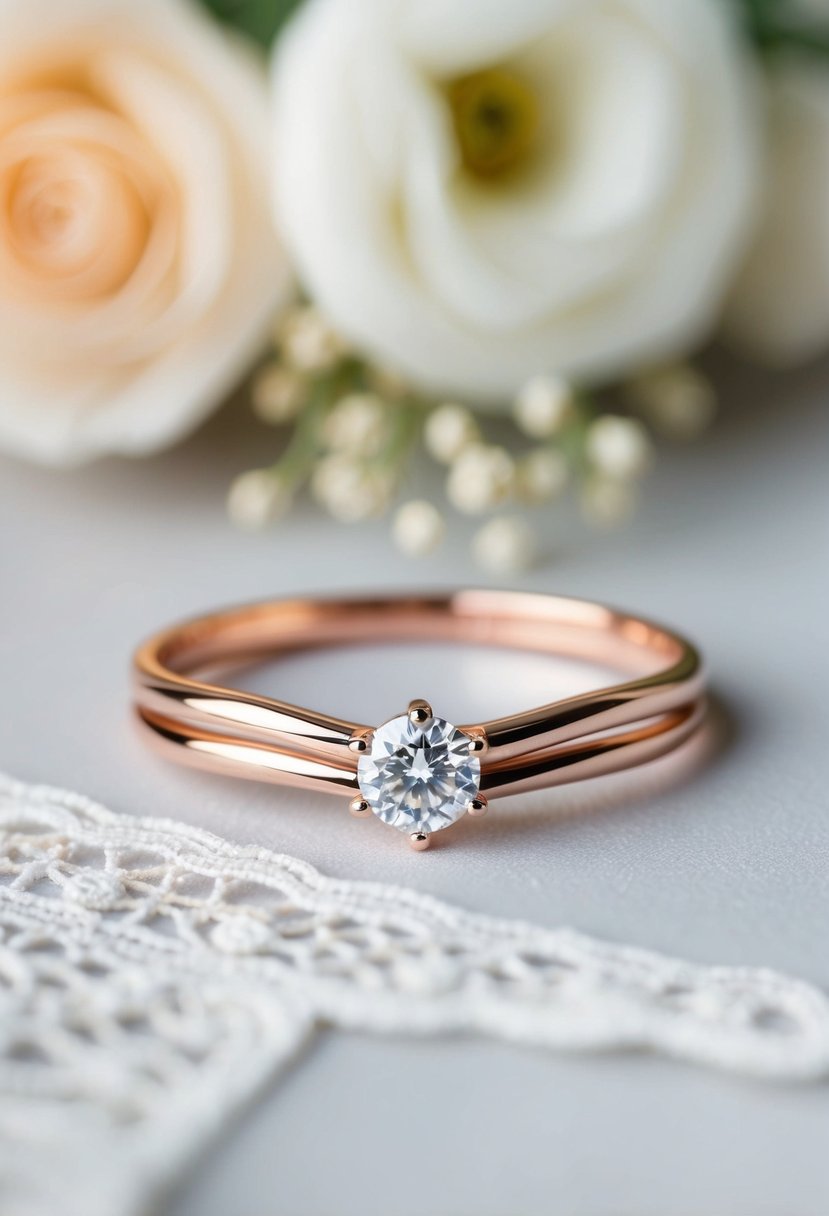 A delicate rose gold wavelet band encircling a sparkling diamond, set against a soft, blurred background of wedding flowers and lace