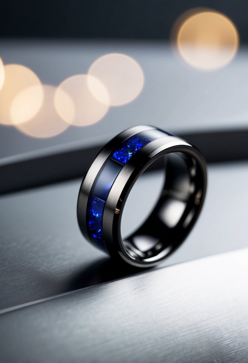 A titanium ring with a sapphire inlay sits on a sleek, modern surface, catching the light and showcasing its elegant design