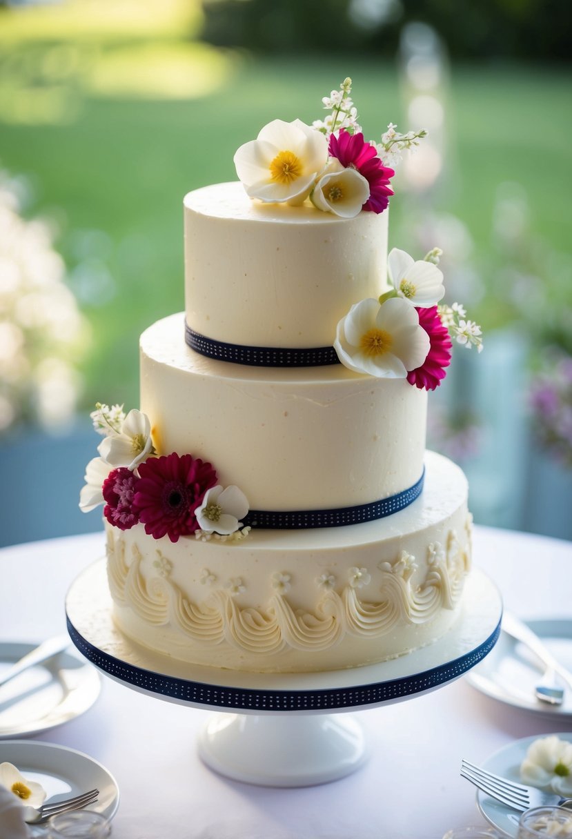 A three-tiered wedding cake with vanilla and raspberry buttercream frosting, adorned with delicate edible flowers and intricate piping designs