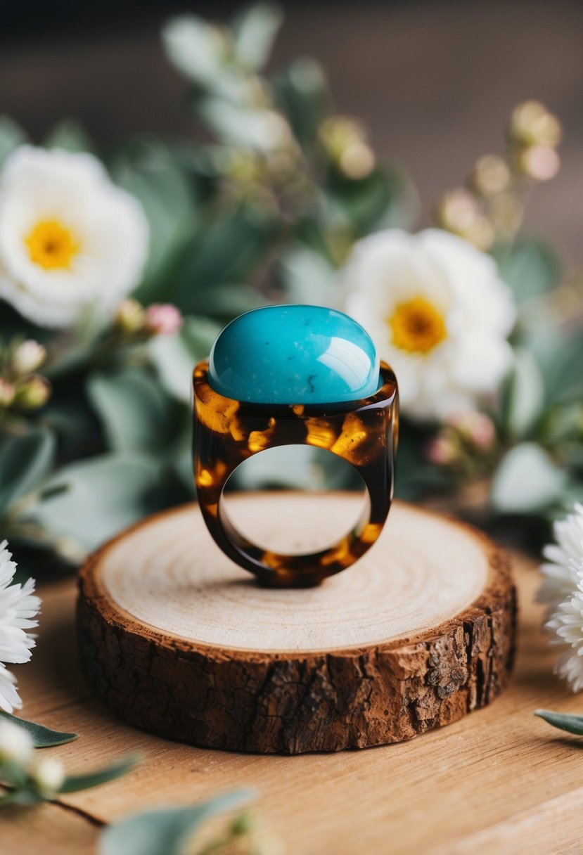 A resin ring with a turquoise gemstone is displayed on a wooden surface, surrounded by delicate floral accents and soft natural lighting