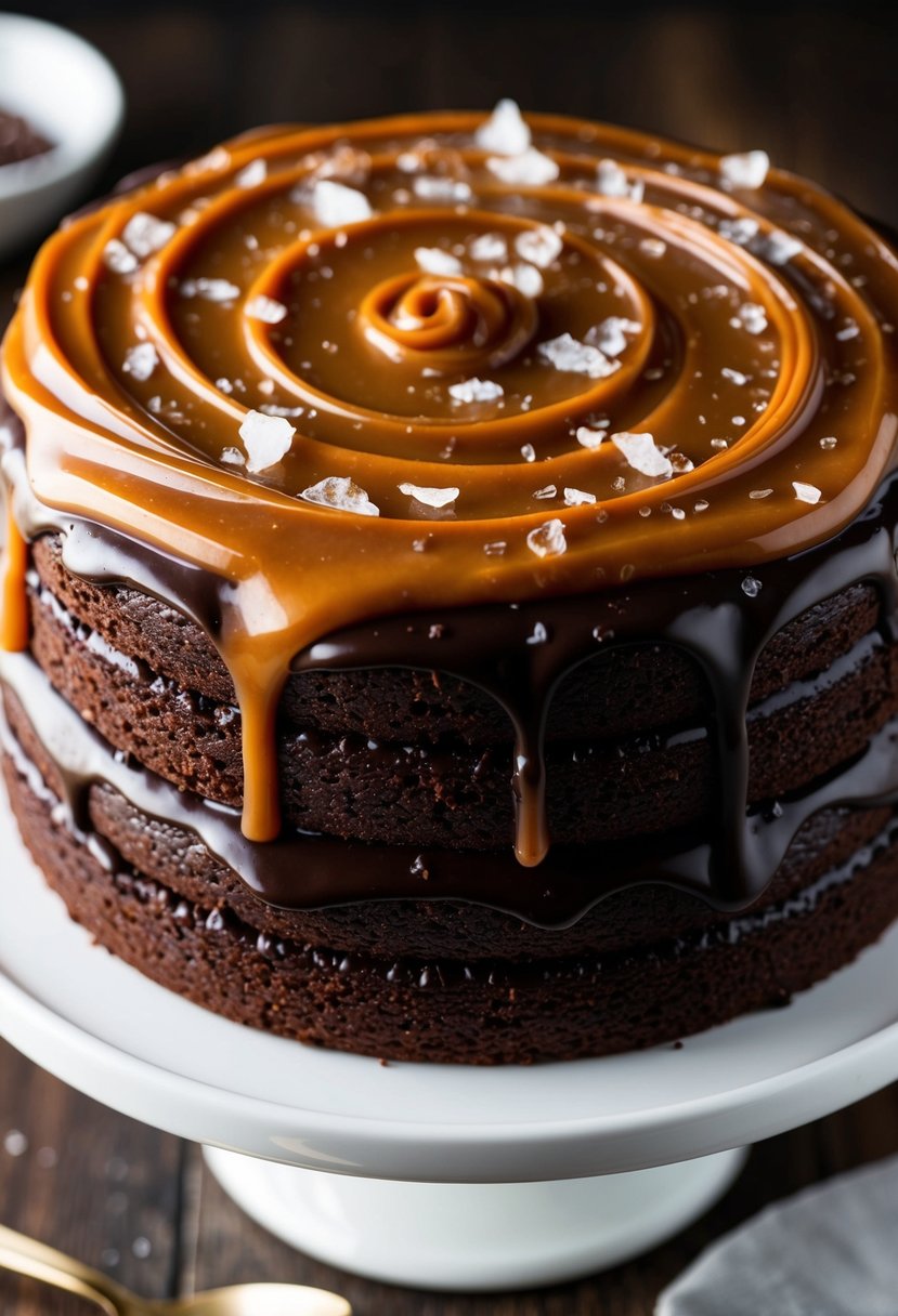 A decadent chocolate cake topped with swirls of rich salted caramel and sprinkled with flakes of sea salt