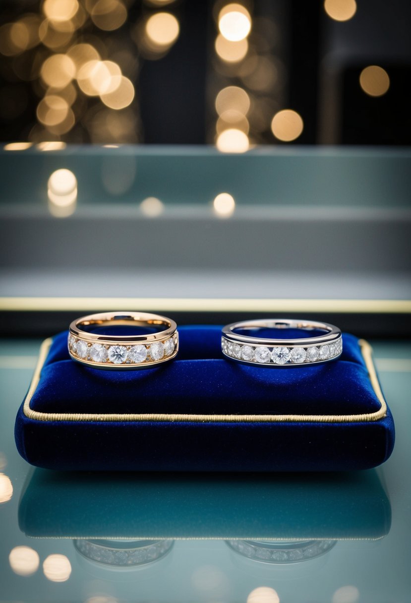 Two elegant metal wedding bands from Tiffany & Co. displayed side by side on a luxurious velvet cushion