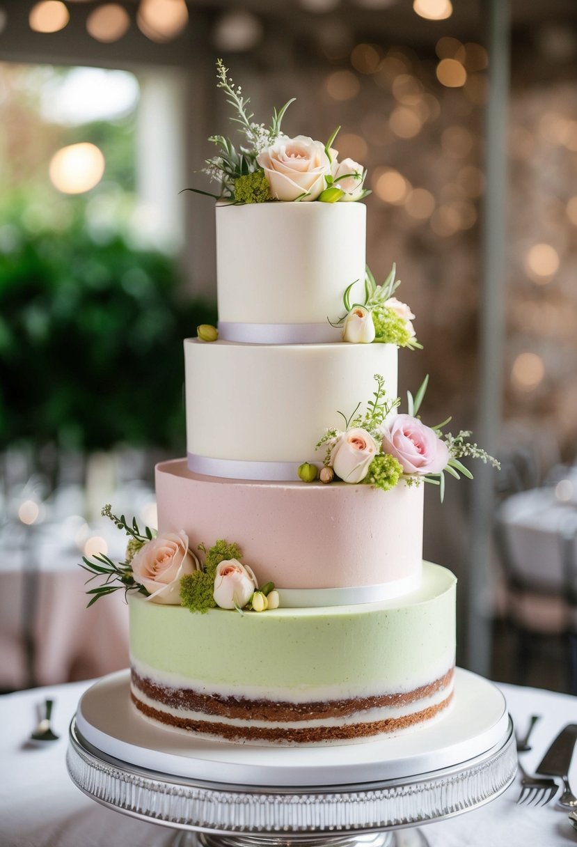 A tiered wedding cake with pistachio and rose flavor layers, adorned with delicate edible flowers and greenery