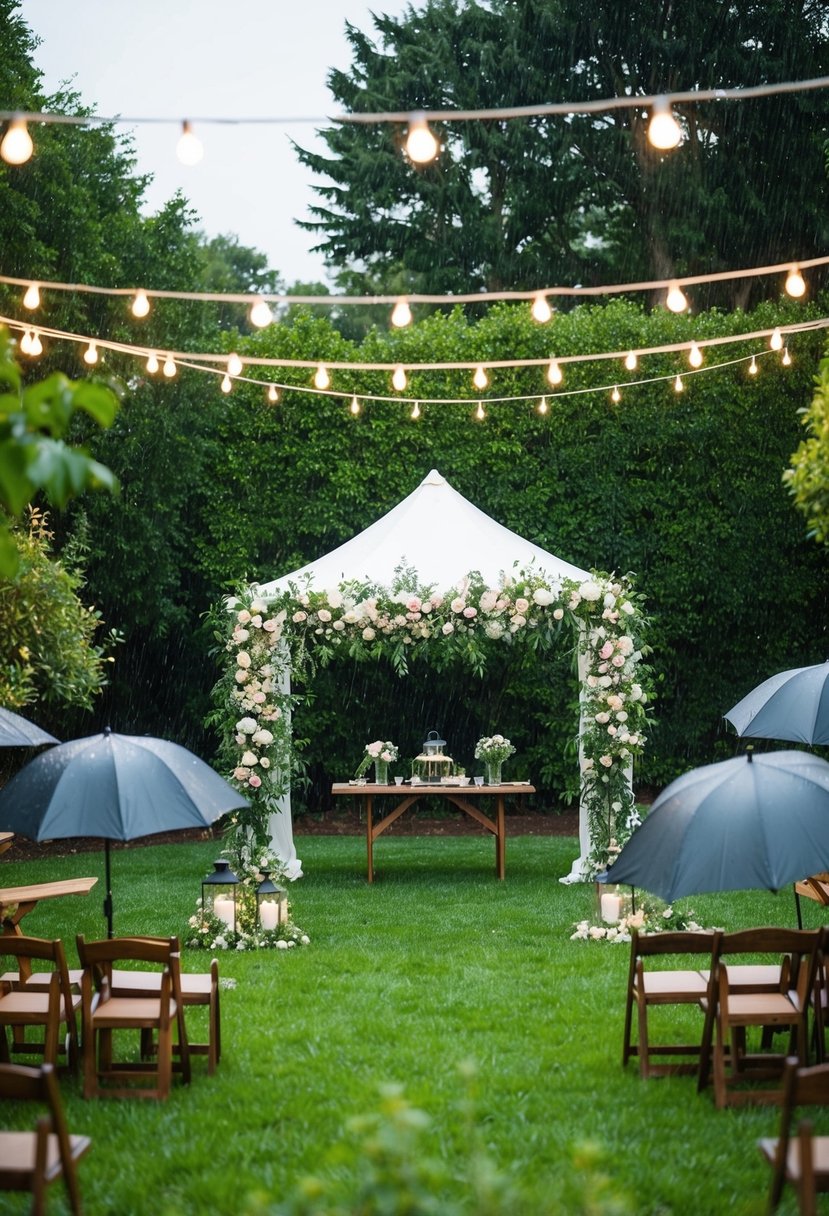 A backyard wedding scene with a tent, hanging lights, and flower-covered arch, surrounded by lush greenery and rain-ready umbrellas