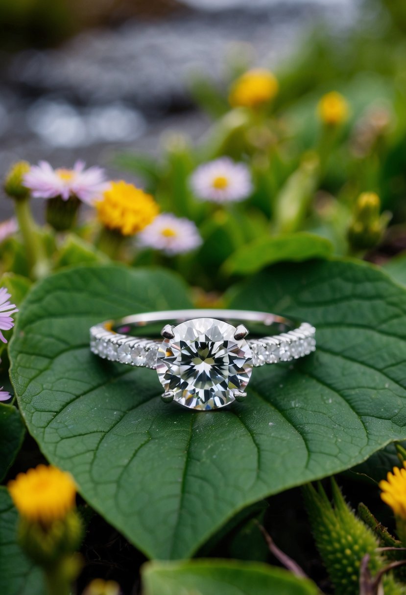 A sparkling diamond ring sits on a bed of green leaves, surrounded by blooming wildflowers and a gentle stream in the background